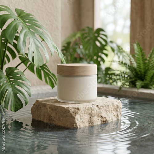 Minimalist cosmetic jar mockup displayed on a natural stone podium with water ripples and tropical leaves.
