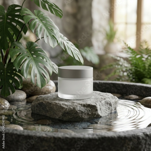 Minimalist cosmetic jar mockup displayed on a natural stone podium with water ripples and tropical leaves.