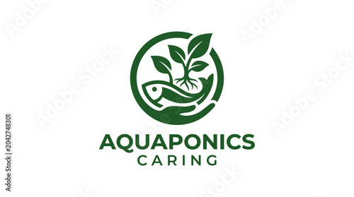 Aquaponics logo with fish and plant, caring hands, vector illustration
