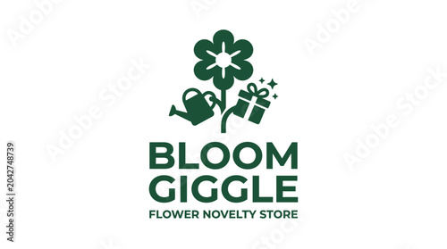 Foto Green flower logo with watering can and gift, representing a flower novelty store
