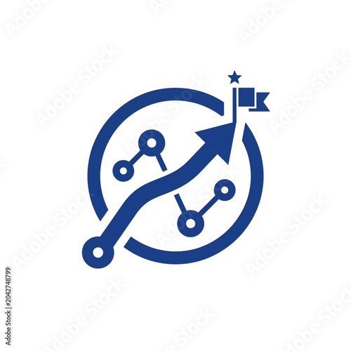 Circular business strategy icon showing an upward curving line graph with nodes leading to a destination flag representing continuous growth cyclic planning and reaching targets