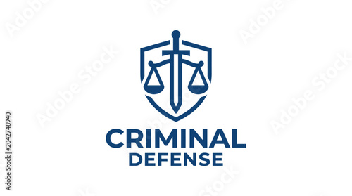 Legal emblem with sword and scales of justice on shield, criminal defense concept, vector graphic