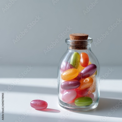 Colorful Jelly Beans in Glass Jar with Cork Lid on White Background Creating a Bright and Cheerful Atmosphere