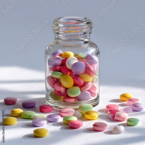 Colorful Pastel Candy in Glass Jar with Bright Sunlight and Soft Shadows on Neutral Background