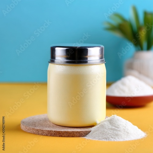 Glass jar of yellow powder on bright surface with soft textures and backdrop of white powder and a bowl