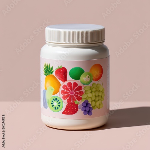 Colorful Health Supplement Container with Vibrant Fruit Illustrations on a Beige Background