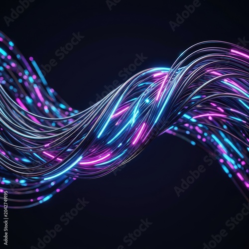 Glowing twisted fiber optic cables in dark digital space.