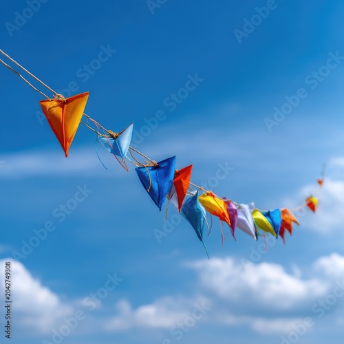 Colorful paper boats floating against a bright blue sky with fluffy clouds on a sunny day