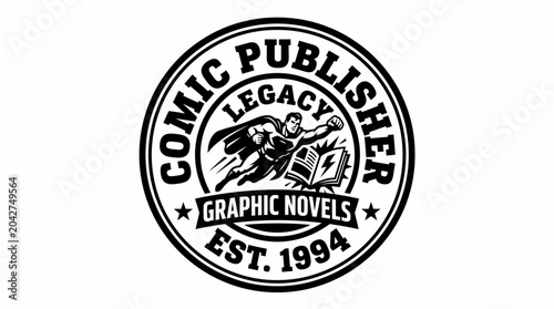 Foto Vintage comic publisher logo with superhero flying and book, graphic novels est