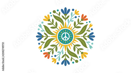 Retro sun and flower mandala with peace symbol, folk art style