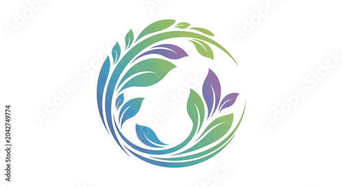 Abstract floral swirl logo, organic growth, green and purple gradient leaves circle