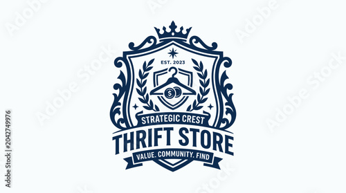 Retro heraldic emblem for thrift store with clothes hanger and dollar sign graphic