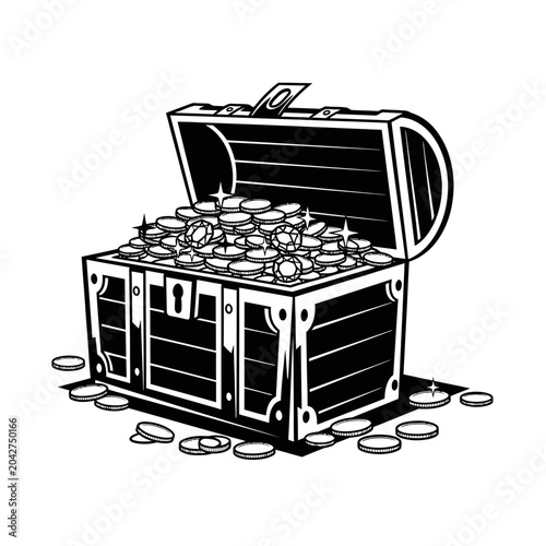 Antique Treasure Chest Overflowing with Gold Coins, Black and White Illustration
