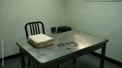 Empty interrogation room with handcuffs and case files on a metal table
