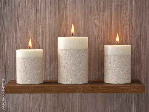 Lit candle set on wooden shelf, warm indoor decor with soft flame and textured wax