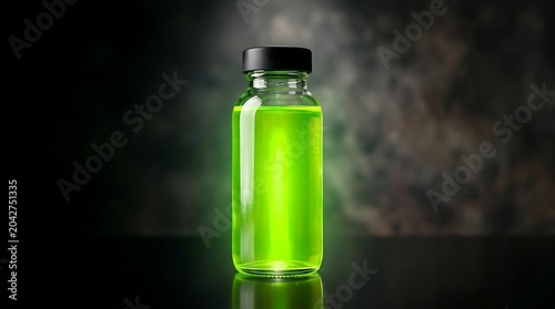 Mysterious glowing neon green liquid in a glass bottle on a dark background