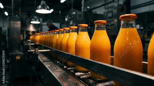 Bottles of fresh orange juice on an automated production line in a modern beverage factory