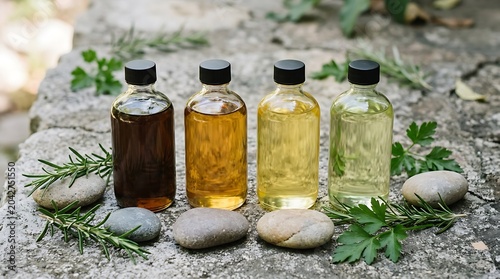 Natural essential oils and herbal extracts in glass bottles on a stone surface with fresh rosemary and parsley