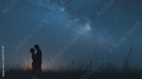 night sky, shadow of a young couple in the foreground in a loving embrace. Clean background