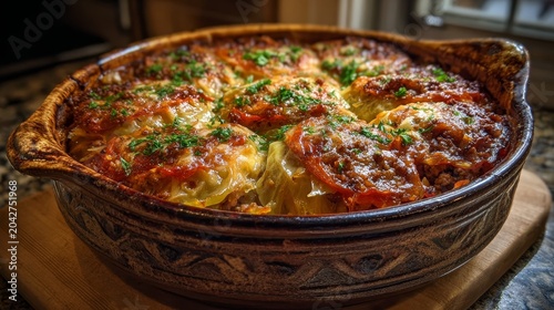 cabbage roll casserole fresh out of the oven, layered with ground beef, cabbage, rice, and tomato sauce, baked in a rustic ceramic dish