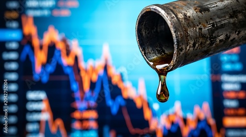 Oil drop dripping from a rusty pipe against a blurred financial stock market chart background representing energy prices and global economy