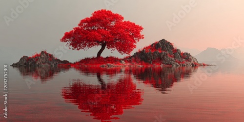 red tree on a tiny island in the middle of a red lake, end of time vibes
