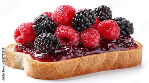 Sandwich white bread with berry jam, fresh raspberries and blackberries on top.