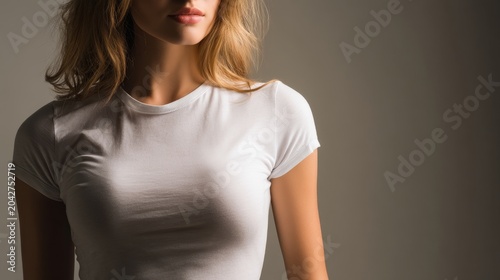 studio photo of a girl showing off a clean white T-shirt for a fashion magazine.