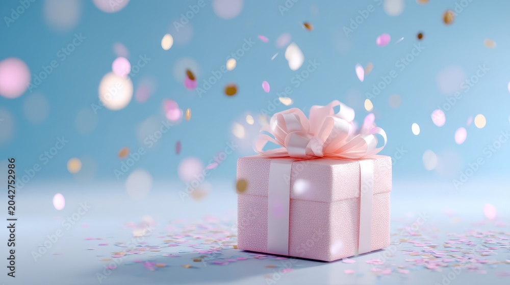 Fototapeta premium Delightful Pink Gift Box Surrounded by Colorful Confetti in a Bright and Cheerful Atmosphere