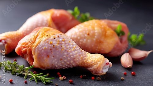Fresh Raw Chicken Drumsticks on Dark Background with Herbs and Spices for Culinary Preparation and Recipe Ideas