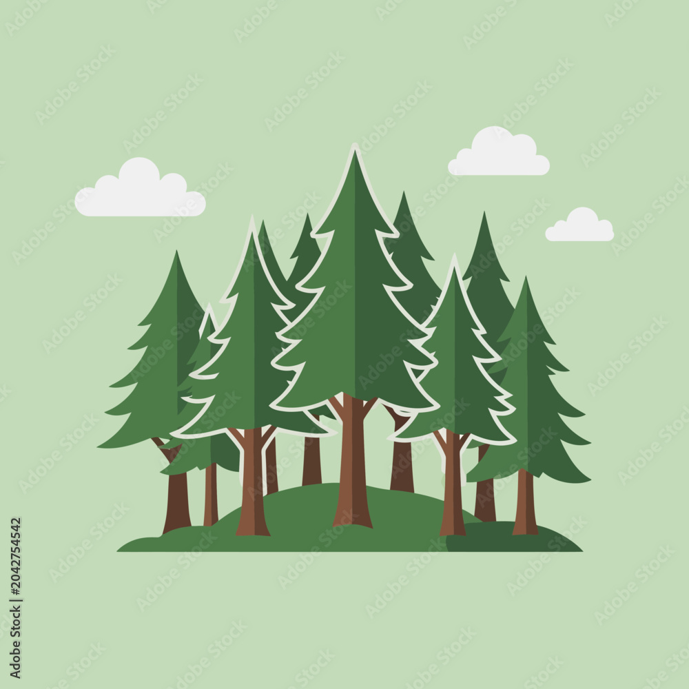 Obraz premium Flat Design Forest Landscape with Pine Trees and Clouds