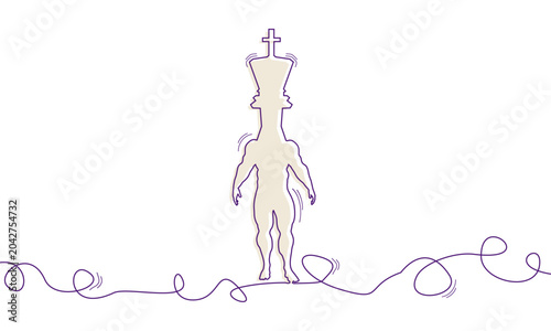 Muscular man stands. Strong man with chess king head. Concept of business, career ladder, competition.