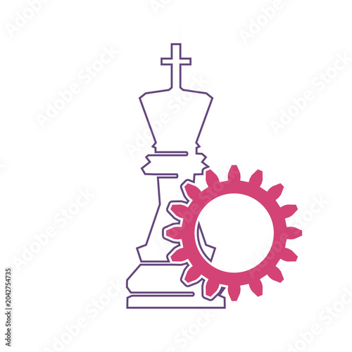 Business strategy in banking and government systems concept featuring chess piece. Gear and chess king. Technologies and development.