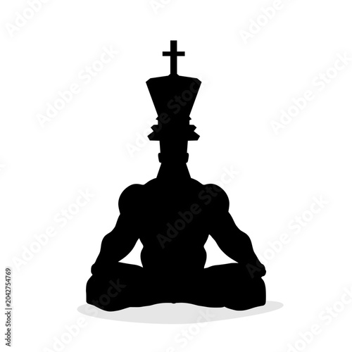 Muscular man meditation. Bodybuilder with chess king head relaxing. Human silhouette. Yoga center emblem.