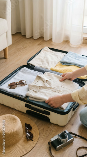 Woman packing summer clothes sunglasses and camera in suitcase