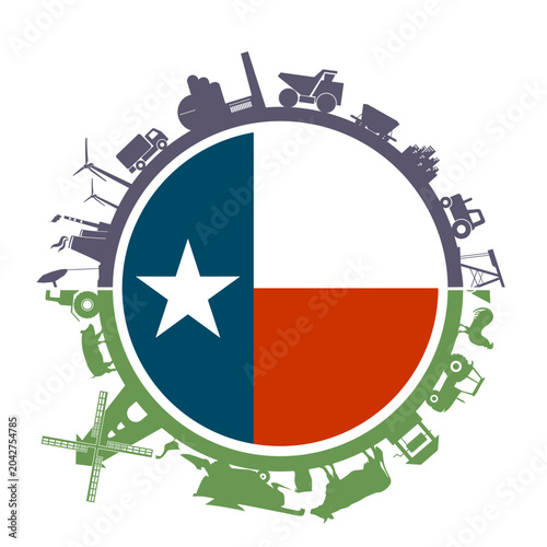 Circle with agricultural and heavy industry icons. Objects located around the circle. Flag of Texas in the center. Background for eco products. Business responsibility.