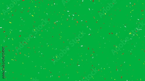 Confetti paper pieces multi-colored shards falling and fluttering isolated on green screen chroma key background for party celebration overlay.