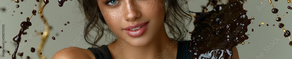 Naklejka premium Alluring beautiful woman surrounded by floating abstract splashes of rich dark espresso merging seamlessly with liquid gold ribbons defying gravity.