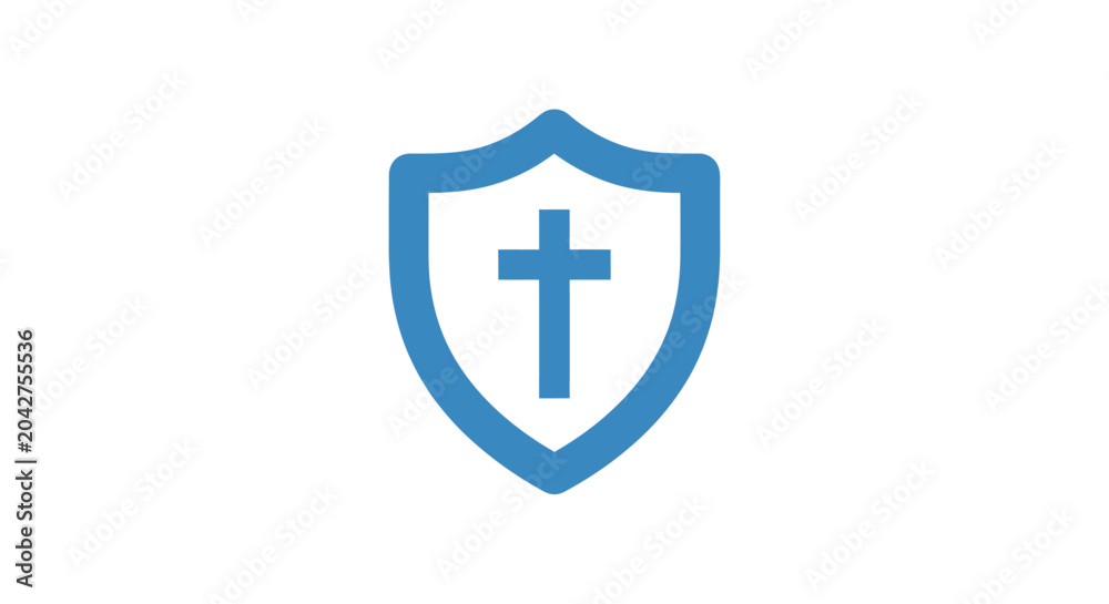 Fototapeta premium A blue shield icon featuring a simple cross symbol on a white background