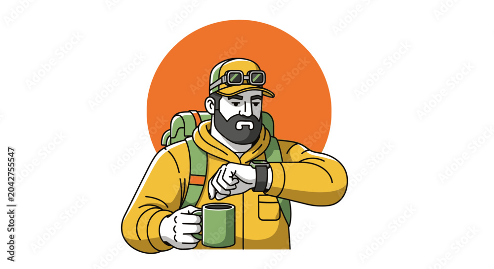 Fototapeta premium Bearded hiker in yellow jacket checking watch while holding coffee mug
