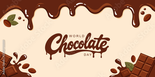 Obraz na płótnie World Chocolate Day banner with dripping chocolate border, chocolate bars, cocoa beans, and hand-lettered typography on a creamy background