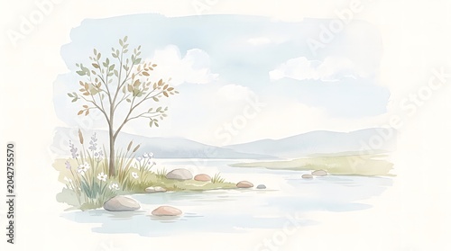 Tranquil watercolor landscape with a serene lake, gentle hills, and a solitary tree in soft pastels