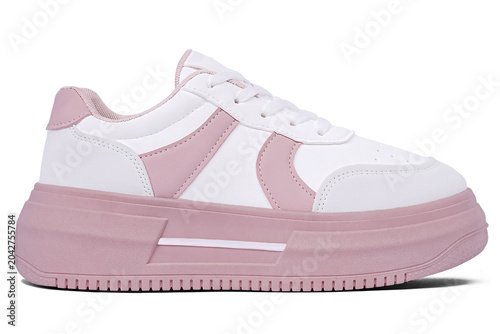 Casual shoes in a combination of cream and soft purple with thick purple soles isolated on a white background
