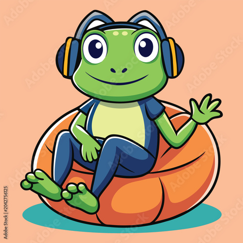 Cute Frog Character Wearing Headphones on Bean Bag