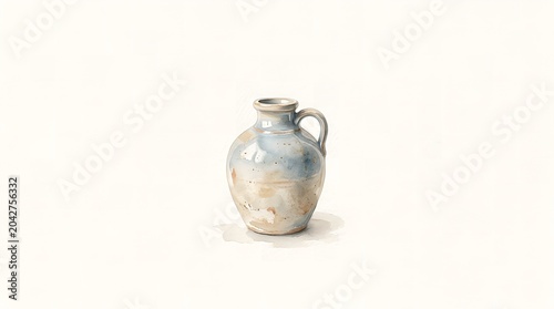 Vintage ceramic vase with handle, aged texture, isolated on white background, still life composition
