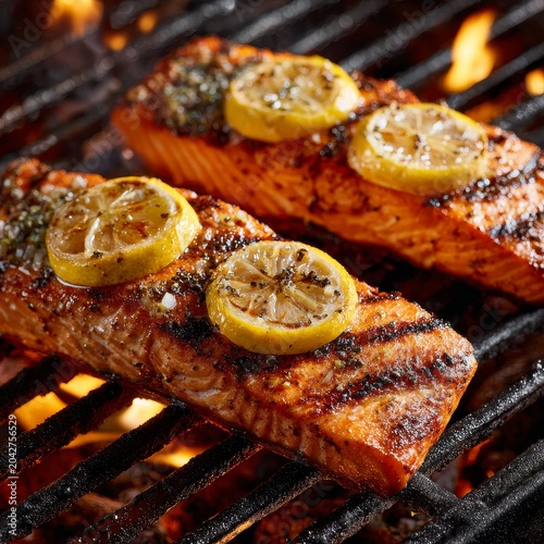 Two salmon fillets grilling with lemon slices over hot coals.