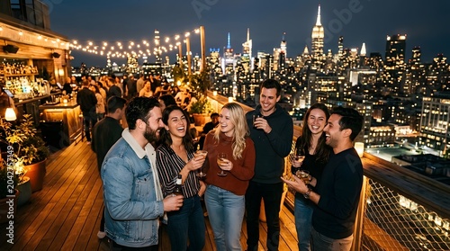 Diverse friends celebrating with drinks on New York rooftop.