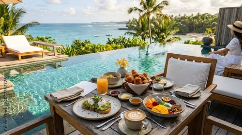 Luxury breakfast spread by infinity pool overlooking tropical ocean.