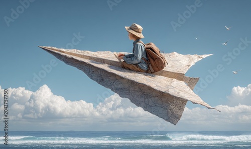 Traveler on a Map-Patterned Paper Plane Above the Sea