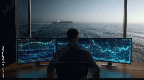 A lone trader watches financial market graphs on multiple monitors, a cargo ship visible on the distant sea through a large window. ..Created with Generative AI, not depicting real subjects.